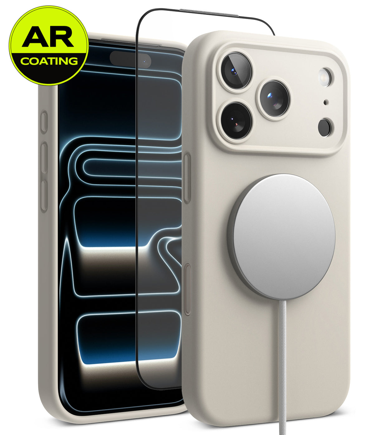 [Bundle] iPhone 18 Pro / Pro Max | Silicone Magnetic + AR Protectors - A light beige phone case shown on a smartphone, with a MagSafe-style circular magnetic ring attached. Two additional phone screen protectors are displayed behind the case, and a yellow circular badge in the top-left corner reads 'AR COATING'.