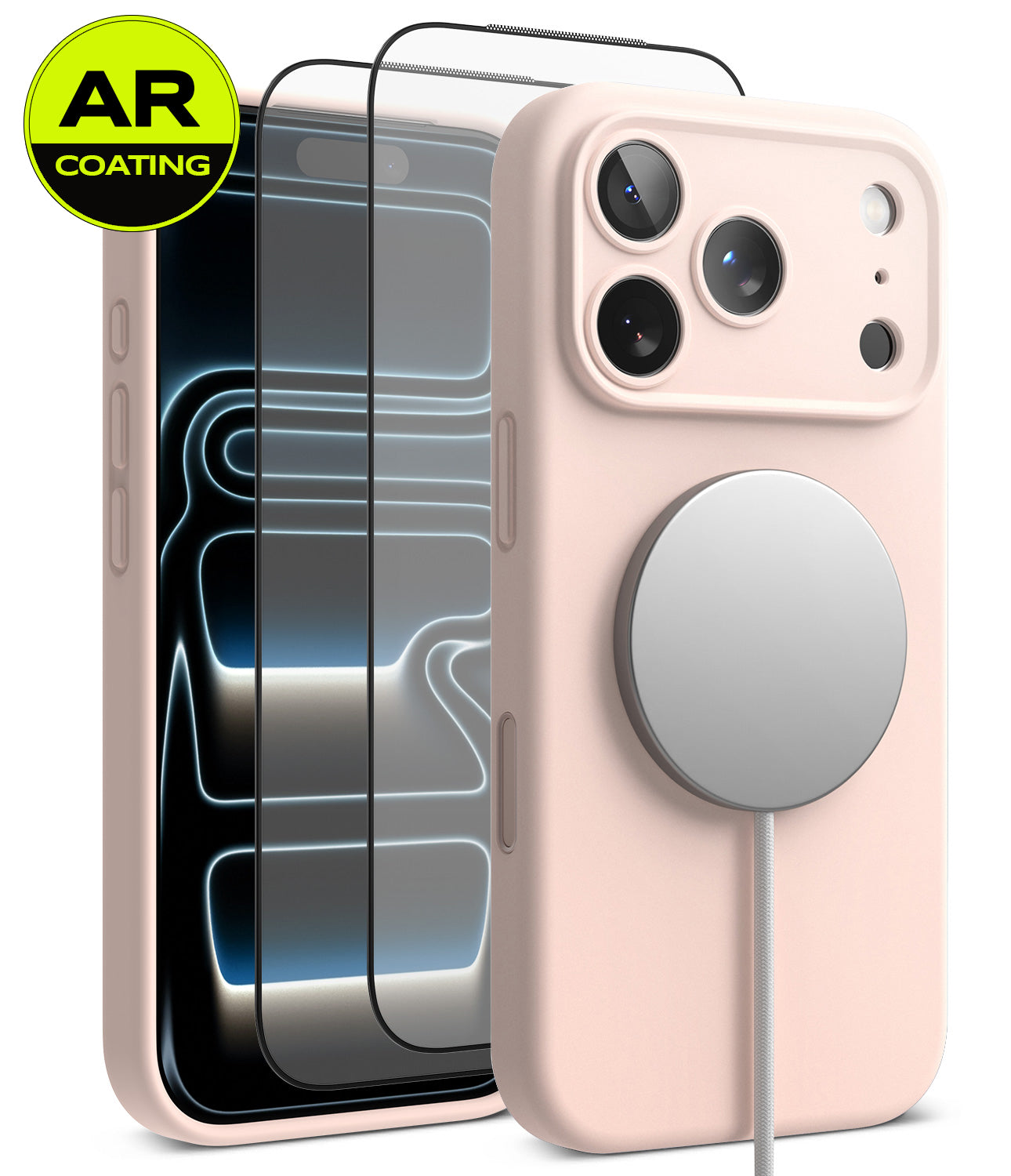[Bundle] iPhone 18 Pro / Pro Max | Silicone Magnetic + AR Protectors - A pale pink phone case shown from the back, with a MagSafe-style circular magnetic ring attached. A second view behind it shows a smartphone through the case, emphasizing the AR-coated screen edge.