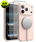 [Bundle] iPhone 18 Pro / Pro Max | Silicone Magnetic + AR Protectors - A pale pink phone case shown from the back, with a MagSafe-style circular magnetic ring attached. A second view behind it shows a smartphone through the case, emphasizing the AR-coated screen edge.