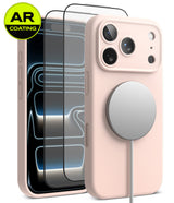 [Bundle] iPhone 18 Pro / Pro Max | Silicone Magnetic + AR Protectors - A pale pink phone case shown from the back, with a MagSafe-style circular magnetic ring attached. A second view behind it shows a smartphone through the case, emphasizing the AR-coated screen edge.