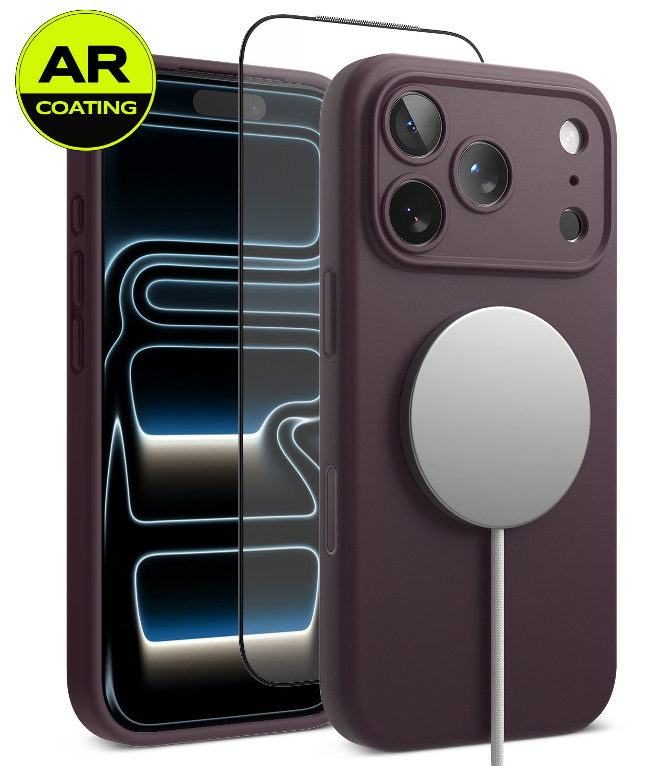 [Bundle] iPhone 18 Pro / Pro Max | Silicone Magnetic + AR Protectors - A dark plum purple magnetic phone case shown from the back, with a silver MagSafe ring attached. A second view shows the phone screen with AR coating protection and a black camera bezel.