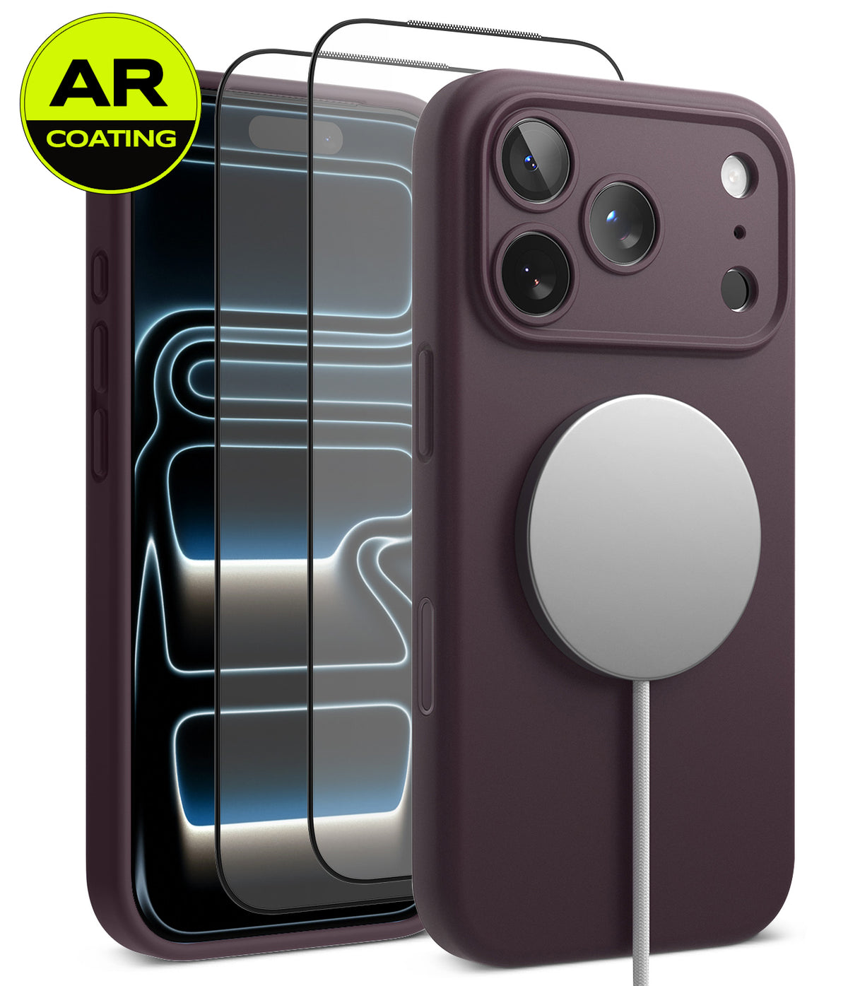 [Bundle] iPhone 18 Pro / Pro Max | Silicone Magnetic + AR Protectors - A dark plum purple magnetic phone case shown from the back, with a silver MagSafe ring attached. A second view shows the phone screen with AR coating protection and a black camera bezel.