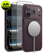[Bundle] iPhone 18 Pro / Pro Max | Silicone Magnetic + AR Protectors - A dark plum purple magnetic phone case shown from the back, with a silver MagSafe ring attached. A second view shows the phone screen with AR coating protection and a black camera bezel.