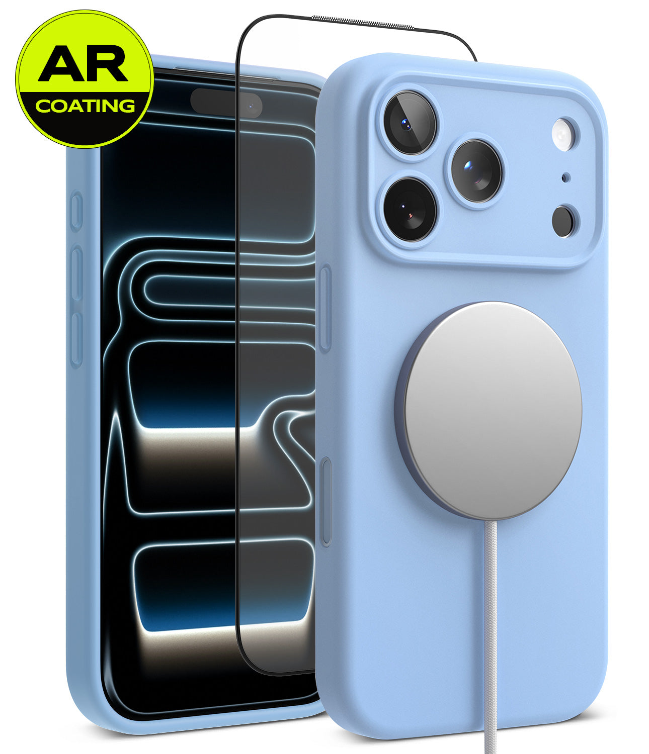 [Bundle] iPhone 18 Pro / Pro Max | Silicone Magnetic + AR Protectors - A light blue protective phone case shown from the back, with a MagSafe-style circular magnetic ring attached. A second view shows the phone screen area with a black AR-coating overlay graphic.