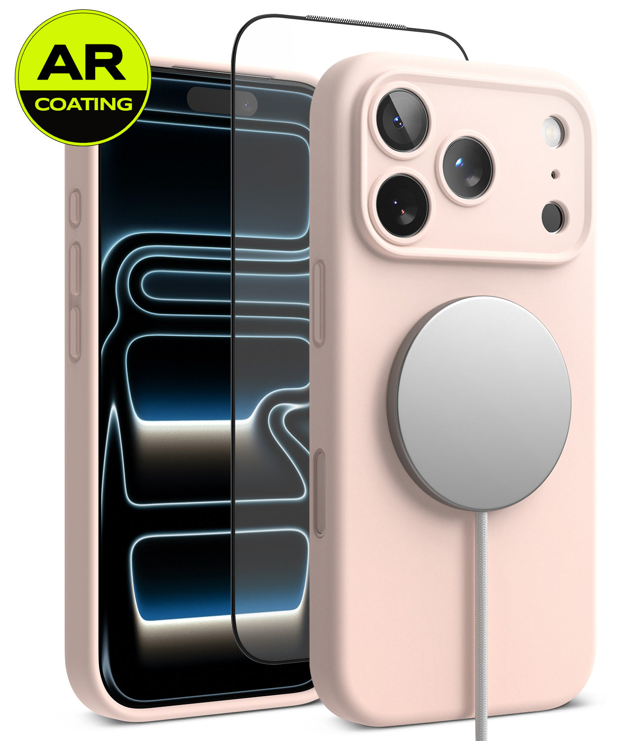 [Bundle] iPhone 18 Pro / Pro Max | Silicone Magnetic + AR Protectors - A pale pink phone case shown from the back, with a MagSafe-style circular magnetic ring attached. A second view behind it shows a smartphone through the case, emphasizing the AR-coated screen edge.