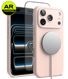 [Bundle] iPhone 18 Pro / Pro Max | Silicone Magnetic + AR Protectors - A pale pink phone case shown from the back, with a MagSafe-style circular magnetic ring attached. A second view behind it shows a smartphone through the case, emphasizing the AR-coated screen edge.
