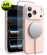 [Bundle] iPhone 18 Pro / Pro Max | Silicone Magnetic + AR Protectors - A pale pink phone case shown from the back, with a MagSafe-style circular magnetic ring attached. A second view behind it shows a smartphone through the case, emphasizing the AR-coated screen edge.