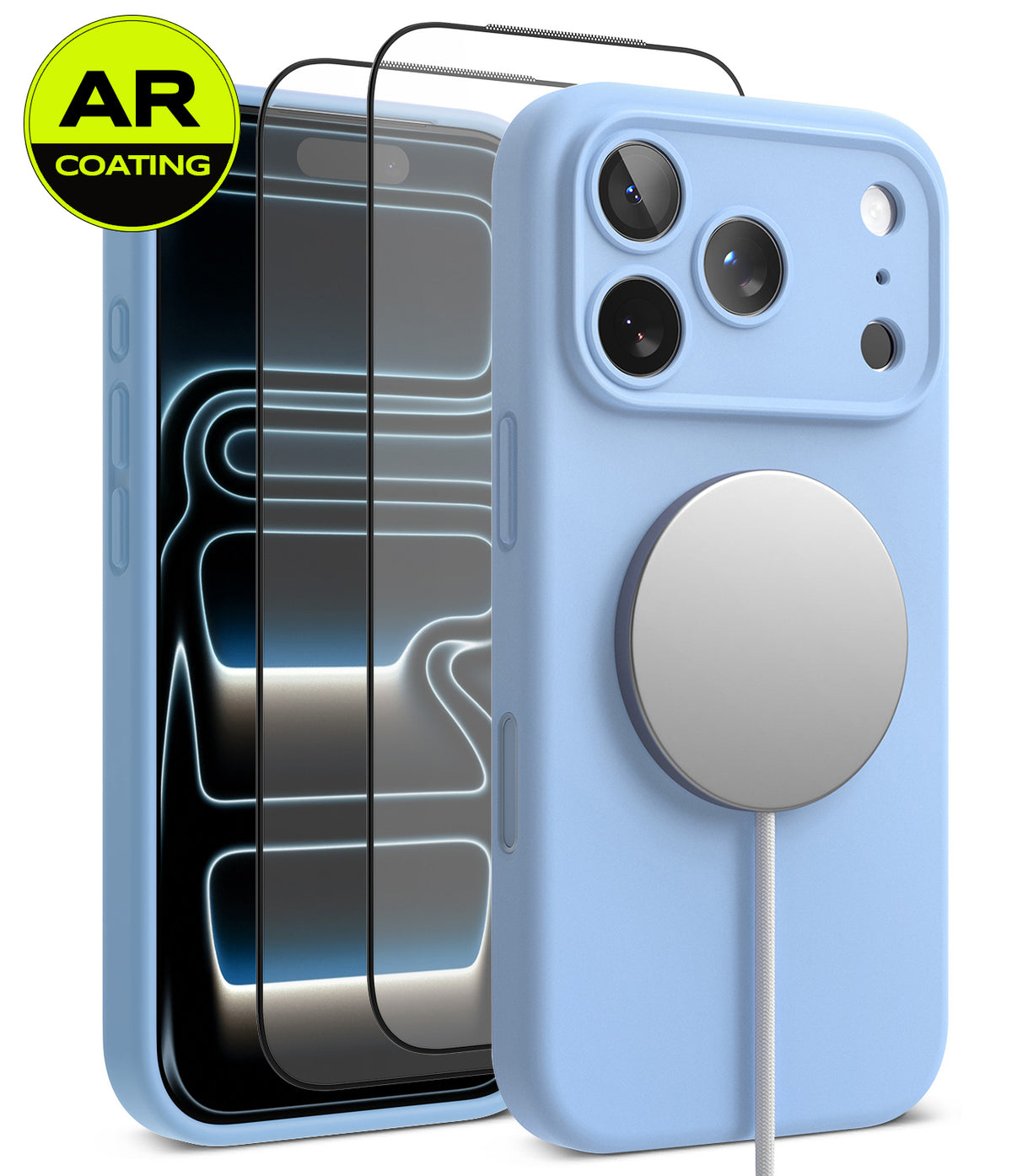 [Bundle] iPhone 18 Pro / Pro Max | Silicone Magnetic + AR Protectors - A light blue protective phone case shown from the back, with a MagSafe-style circular magnetic ring attached. A second view shows the phone screen area with a black AR-coating overlay graphic.