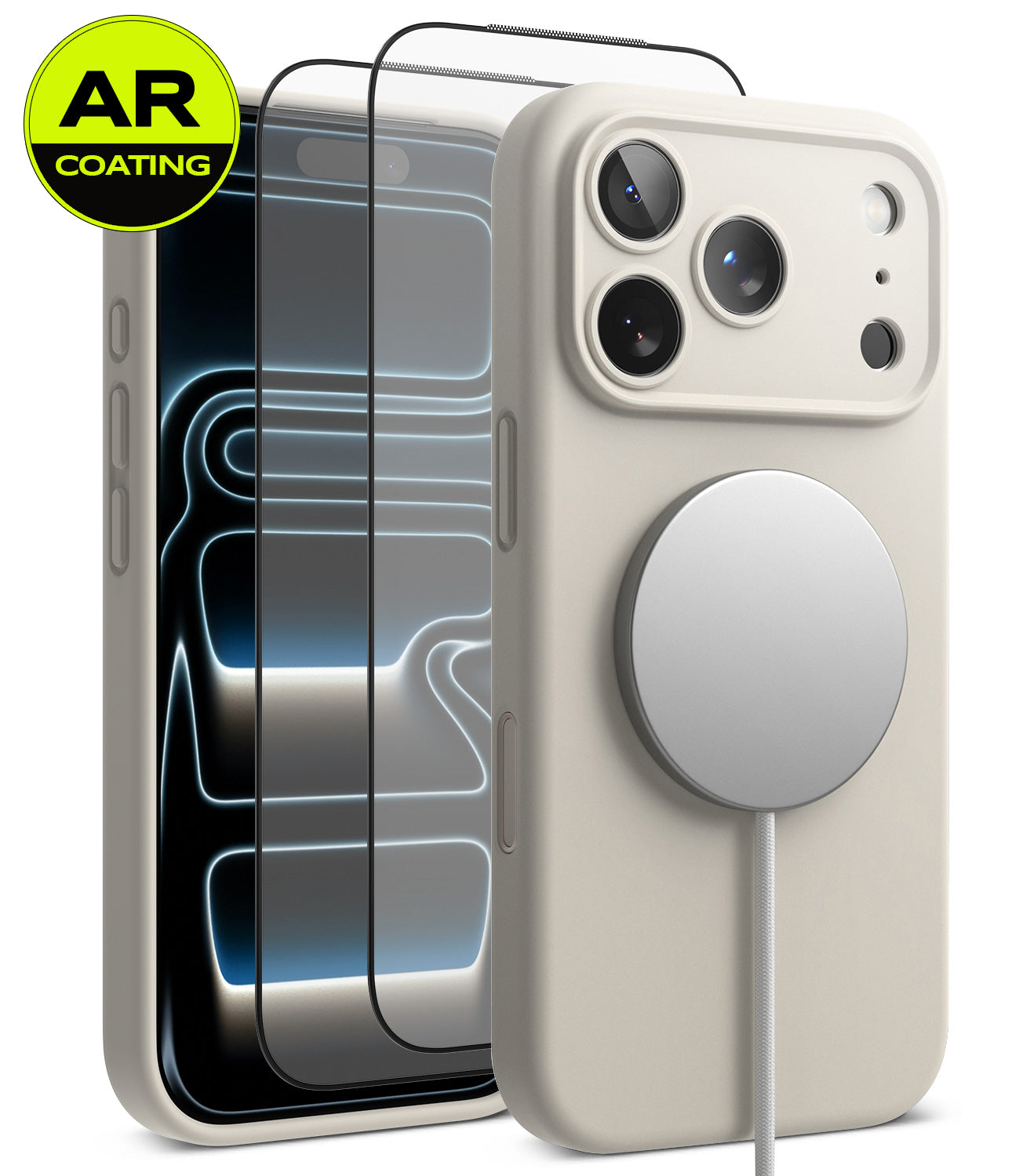 [Bundle] iPhone 18 Pro / Pro Max | Silicone Magnetic + AR Protectors - A light beige phone case shown on a smartphone, with a MagSafe-style circular magnetic ring attached. Two additional phone screen protectors are displayed behind the case, and a yellow circular badge in the top-left corner reads 'AR COATING'.