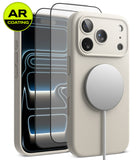 [Bundle] iPhone 18 Pro / Pro Max | Silicone Magnetic + AR Protectors - A light beige phone case shown on a smartphone, with a MagSafe-style circular magnetic ring attached. Two additional phone screen protectors are displayed behind the case, and a yellow circular badge in the top-left corner reads 'AR COATING'.