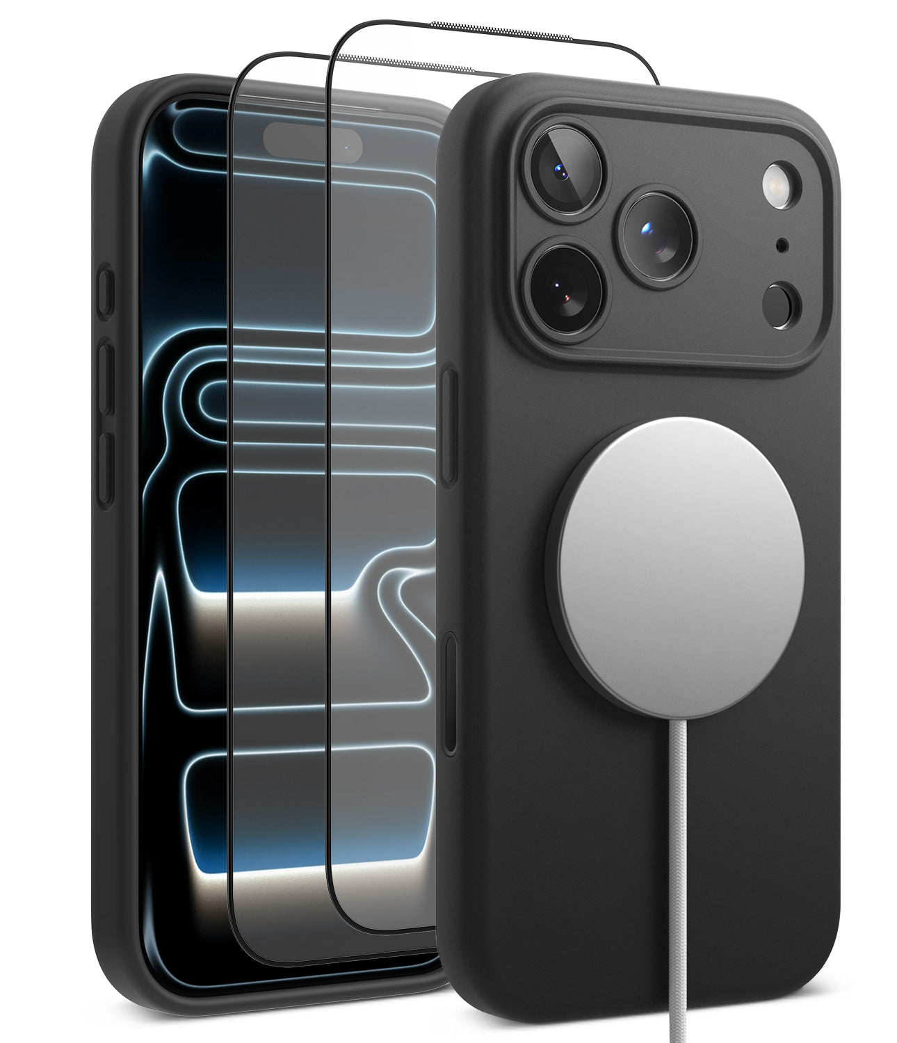 [Bundle] iPhone 18 Pro / Pro Max | Silicone Magnetic + Protectors - A black MagSafe-compatible phone case shown on a smartphone, alongside a separate clear tempered glass screen protector with a black border and a white charging cable. The case features a silver circular MagSafe ring on the back.