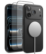 [Bundle] iPhone 18 Pro / Pro Max | Silicone Magnetic + Protectors - A black MagSafe-compatible phone case shown on a smartphone, alongside a separate clear tempered glass screen protector with a black border and a white charging cable. The case features a silver circular MagSafe ring on the back.