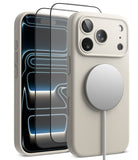 [Bundle] iPhone 18 Pro / Pro Max | Silicone Magnetic + Protectors - A light beige phone case shown from the back and side, fitted on a smartphone. The case has a raised camera cutout, a circular MagSafe-compatible magnetic ring on the back, and a thin white cable extending from it.