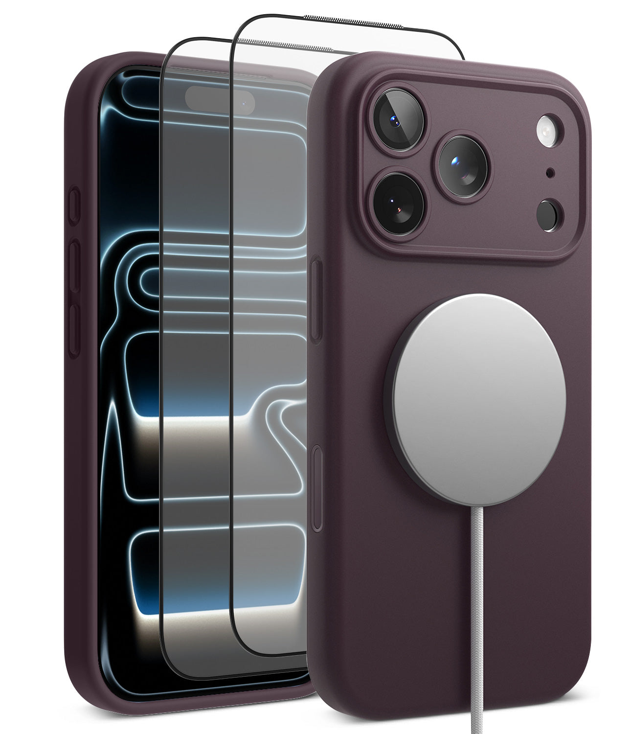 [Bundle] iPhone 18 Pro / Pro Max | Silicone Magnetic + Protectors - A dark plum purple MagSafe-compatible phone case shown from the back, with a silver circular magnetic ring attached. A second view shows the phone inside the case with a transparent screen protector partially applied.