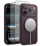 [Bundle] iPhone 18 Pro / Pro Max | Silicone Magnetic + Protectors - A dark plum purple MagSafe-compatible phone case shown from the back, with a silver circular magnetic ring attached. A second view shows the phone inside the case with a transparent screen protector partially applied.