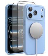 [Bundle] iPhone 18 Pro / Pro Max | Silicone Magnetic + Protectors - A light blue MagSafe-compatible phone case shown from the back, with a matching phone screen protector and a white charging cable visible against a clean white background.