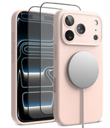 [Bundle] iPhone 18 Pro / Pro Max | Silicone Magnetic + Protectors - A pale blush pink phone case shown on a smartphone, with two transparent screen protectors floating in front and a silver MagSafe-style circular magnetic ring attached to the back. The product is photographed on a clean white background.