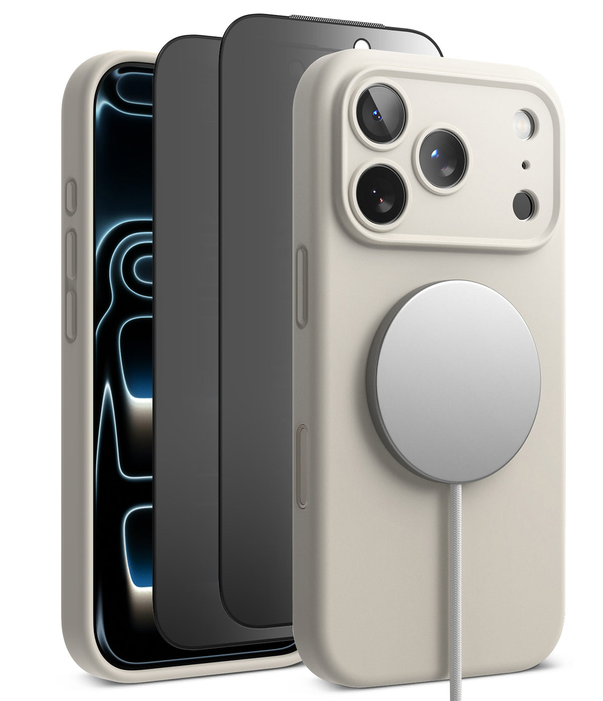 [Bundle] iPhone 18 Pro / Pro Max | Silicone Magnetic + Privacy Protectors - A light beige MagSafe-compatible phone case shown on a smartphone, with two additional phone views behind it in dark gray and black. The case has a circular magnetic ring on the back and is photographed on a clean white background.