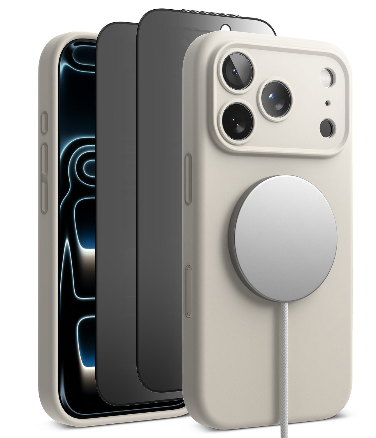 [Bundle] iPhone 18 Pro / Pro Max | Silicone Magnetic + Privacy Protectors - A light beige MagSafe-compatible phone case shown on a smartphone, with two additional phone views behind it in dark gray and black. The case has a circular magnetic ring on the back and is photographed on a clean white background.