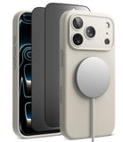 [Bundle] iPhone 18 Pro / Pro Max | Silicone Magnetic + Privacy Protectors - A light beige MagSafe-compatible phone case shown on a smartphone, with two additional phone views behind it in dark gray and black. The case has a circular magnetic ring on the back and is photographed on a clean white background.