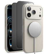 [Bundle] iPhone 18 Pro / Pro Max | Silicone Magnetic + Privacy Protectors - A light beige MagSafe-compatible phone case shown on a smartphone, with two additional phone views behind it in dark gray and black. The case has a circular magnetic ring on the back and is photographed on a clean white background.