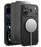 [Bundle] iPhone 18 Pro / Pro Max | Silicone Magnetic + Privacy Protectors - Three black MagSafe-compatible phone cases shown on smartphones against a clean white background, with a silver MagSafe ring visible on the front case.