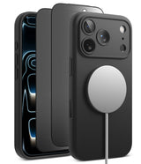 [Bundle] iPhone 18 Pro / Pro Max | Silicone Magnetic + Privacy Protectors - Three black MagSafe-compatible phone cases shown on smartphones against a clean white background, with a silver MagSafe ring visible on the front case.
