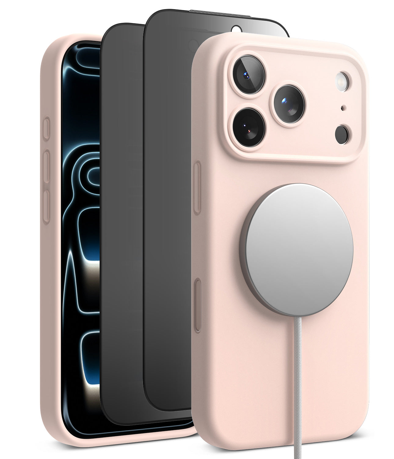 [Bundle] iPhone 18 Pro / Pro Max | Silicone Magnetic + Privacy Protectors - A pale blush pink phone case shown on a smartphone, with two additional phone color variants behind it. A silver MagSafe-style circular magnetic ring is attached to the back of the front phone case.