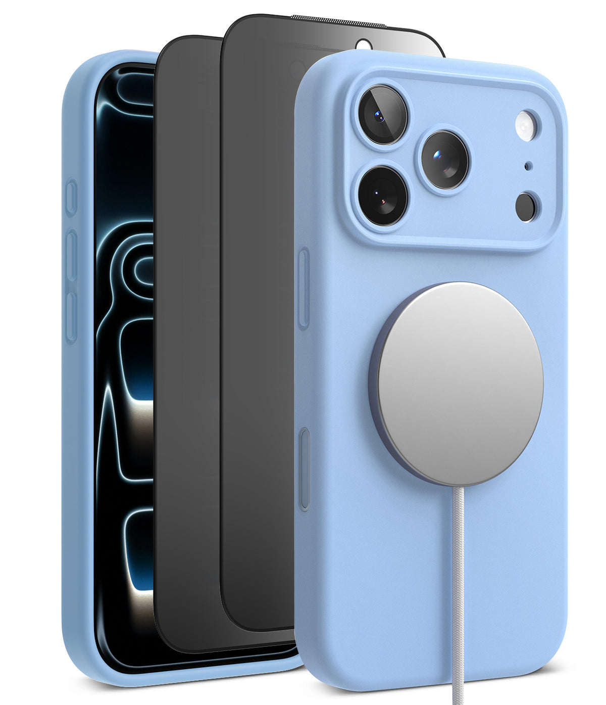 [Bundle] iPhone 18 Pro / Pro Max | Silicone Magnetic + Privacy Protectors - A light blue MagSafe-compatible phone case shown on a smartphone, with a black phone and a dark gray MagSafe ring visible behind it on a clean white background.