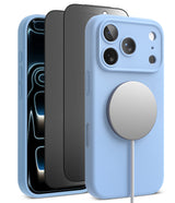 [Bundle] iPhone 18 Pro / Pro Max | Silicone Magnetic + Privacy Protectors - A light blue MagSafe-compatible phone case shown on a smartphone, with a black phone and a dark gray MagSafe ring visible behind it on a clean white background.