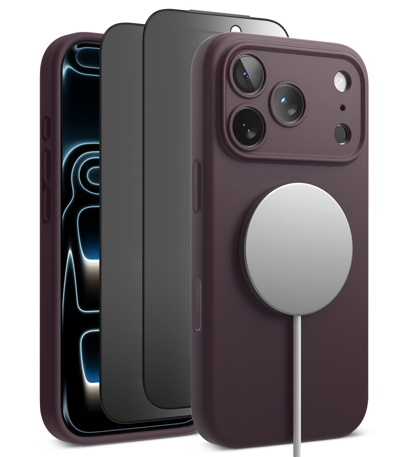 [Bundle] iPhone 18 Pro / Pro Max | Silicone Magnetic + Privacy Protectors - A dark plum magnetic phone case shown on a smartphone, with two additional views of the case behind it. The front view shows a silver MagSafe ring attached to a white charging cable.