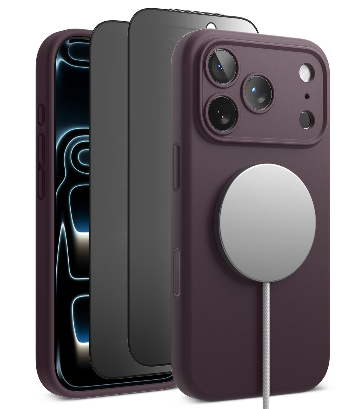[Bundle] iPhone 18 Pro / Pro Max | Silicone Magnetic + Privacy Protectors - A dark plum magnetic phone case shown on a smartphone, with two additional views of the case behind it. The front view shows a silver MagSafe ring attached to a white charging cable.