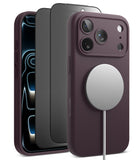 [Bundle] iPhone 18 Pro / Pro Max | Silicone Magnetic + Privacy Protectors - A dark plum magnetic phone case shown on a smartphone, with two additional views of the case behind it. The front view shows a silver MagSafe ring attached to a white charging cable.