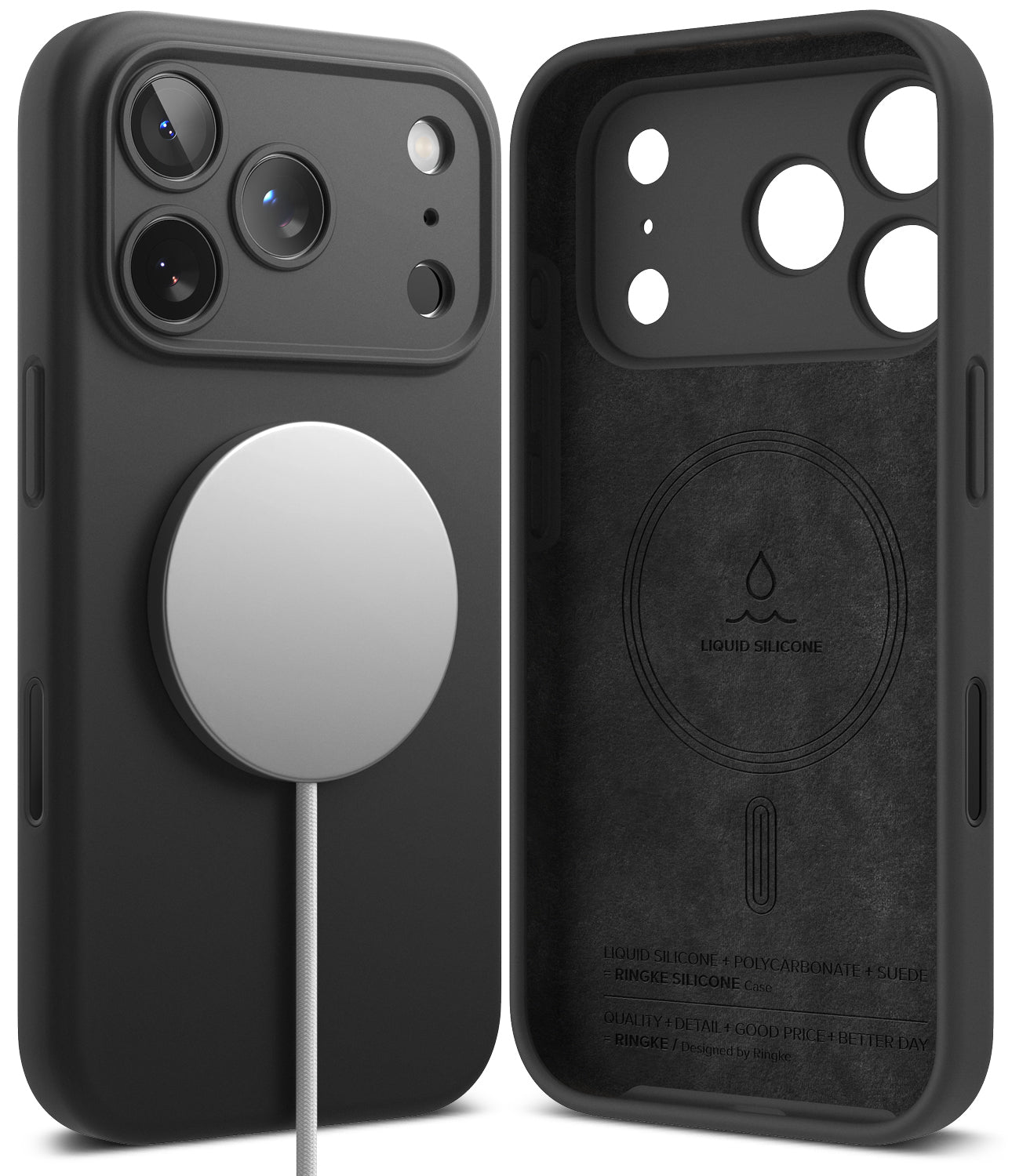 iPhone 18 Pro Max Case | Silicone Magnetic - Two views of a black phone case with MagSafe compatibility, shown on a clean white background. One view shows the back of the case with a silver MagSafe ring and a white charging cable, and the other shows the front of the case with camera cutouts and 'LIQUID SILICONE' printed on the back.