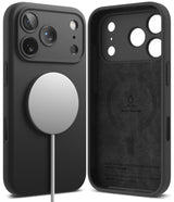 iPhone 18 Pro Max Case | Silicone Magnetic - Two views of a black phone case with MagSafe compatibility, shown on a clean white background. One view shows the back of the case with a silver MagSafe ring and a white charging cable, and the other shows the front of the case with camera cutouts and 'LIQUID SILICONE' printed on the back.