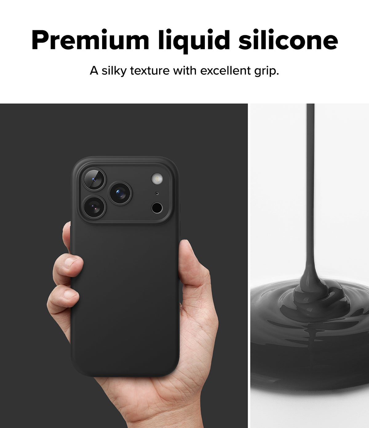iPhone 18 Pro Max Case | Silicone Magnetic - Black phone case with a hand holding it and liquid silicone being poured.