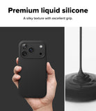 iPhone 18 Pro Max Case | Silicone Magnetic - Black phone case with a hand holding it and liquid silicone being poured.