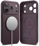 iPhone 18 Pro Max Case | Silicone Magnetic - Two views of a dark plum purple phone case with MagSafe compatibility, shown on a clean white background. One view shows the back of the case with a silver MagSafe ring and a white charging cable, and the other shows the front of the case with camera cutouts and 'LIQUID SILICONE' printed on the back.