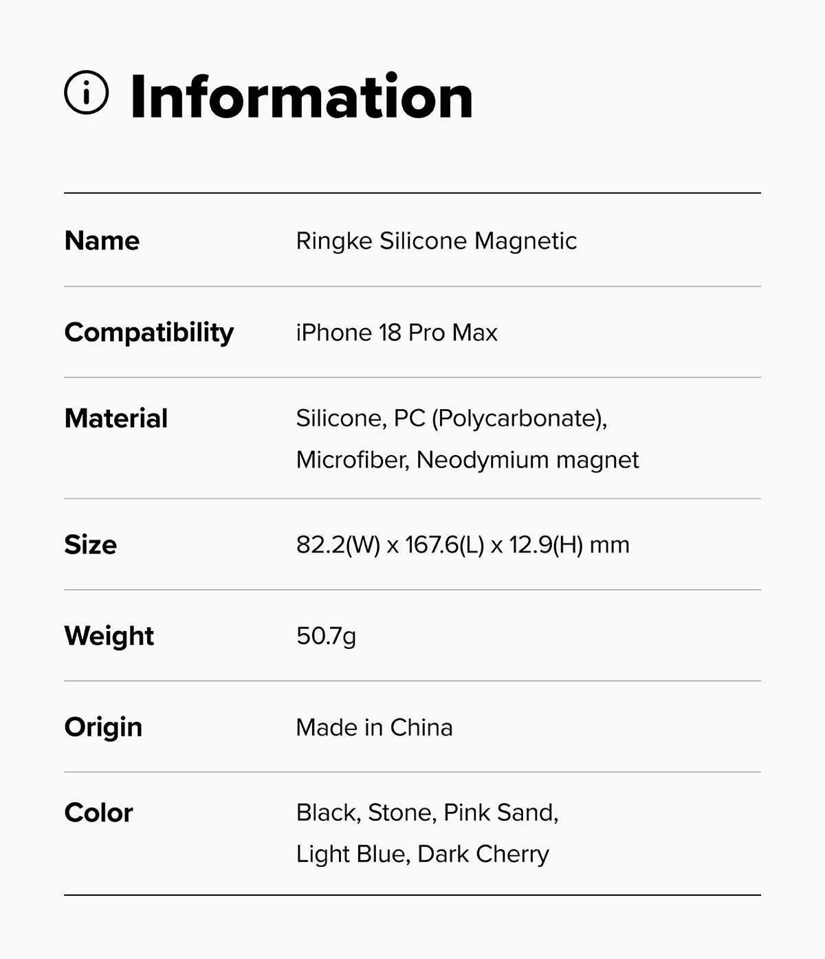 iPhone 18 Pro Max Case | Silicone Magnetic - Product information card for Ringke Silicone Magnetic case with compatibility details.