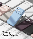iPhone 18 Pro Max Case | Silicone Magnetic - A light blue phone case with a matching camera bar is shown among several other phone cases in different colors, including pink, white, gray, and dark purple, with the text 'Trendy Color Palette' in the bottom left corner.