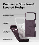 iPhone 18 Pro Max Case | Silicone Magnetic - A composite product graphic showing a smartphone case with labeled callouts for its layered materials: suede microfiber, hard PC, neodymium magnet, and liquid silicone. The main visible case is a dark plum/purple color, with layered transparent and dark sections behind it on a light gray background.