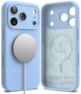 iPhone 18 Pro Max Case | Silicone Magnetic - Two views of a light blue phone case with MagSafe compatibility, shown on a clean white background. One view shows the back of the case with a silver MagSafe ring and a white charging cable, and the other shows the front of the case with camera cutouts and 'LIQUID SILICONE' printed on the back.
