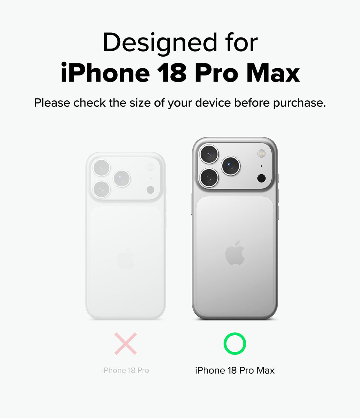 iPhone 18 Pro Max Case | Silicone Magnetic - A product compatibility graphic showing a phone case designed for the iPhone 18 Pro Max. The right side displays a silver iPhone 18 Pro Max with a clear case, marked with a green circle, while the left side shows an iPhone 18 Pro with a white case, marked with a pink X.