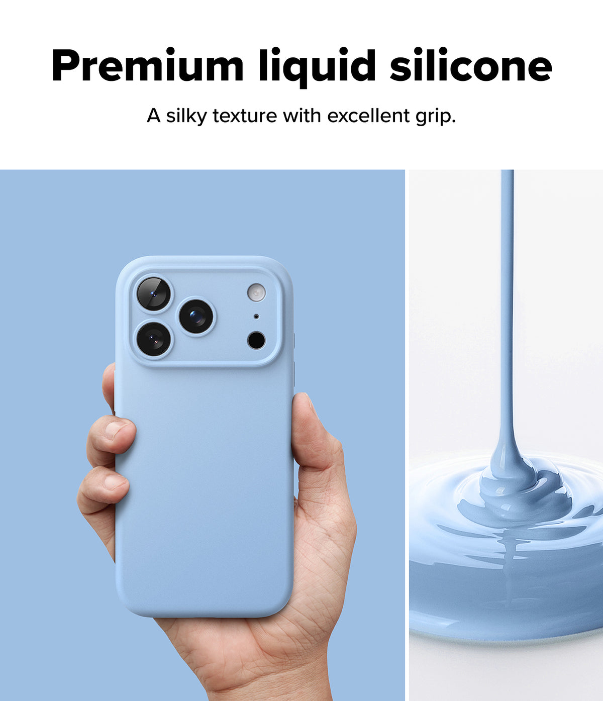 iPhone 18 Pro Max Case | Silicone Magnetic - A hand holds a light blue phone case against a split background, with text at the top reading 'Premium liquid silicone' and a close-up of glossy liquid silicone on the right.