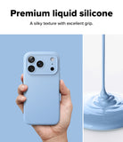iPhone 18 Pro Max Case | Silicone Magnetic - A hand holds a light blue phone case against a split background, with text at the top reading 'Premium liquid silicone' and a close-up of glossy liquid silicone on the right.