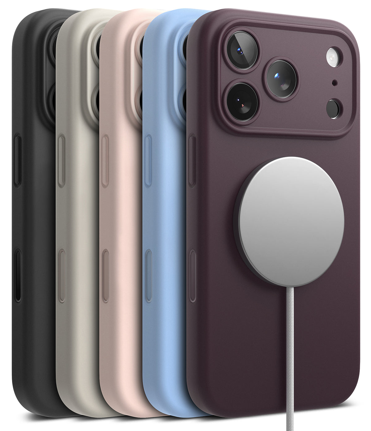 iPhone 18 Pro Max Case | Silicone Magnetic - Five smartphone cases in different colors are shown in a row, with a dark plum case in front featuring a large silver MagSafe ring and cable. The cases include black, light gray, blush pink, light blue, and dark plum.