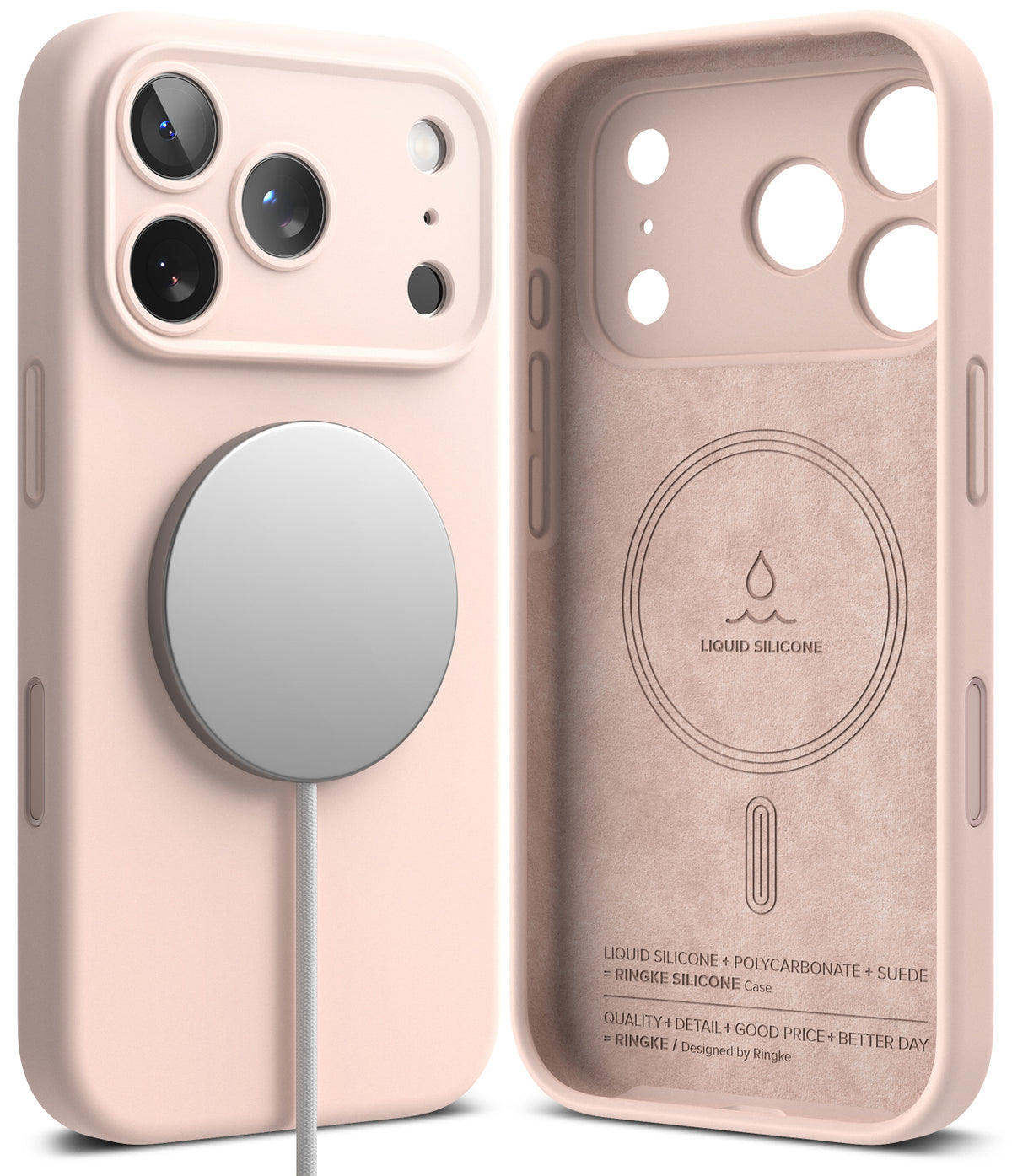 iPhone 18 Pro Max Case | Silicone Magnetic - Two views of a light pink phone case with MagSafe compatibility, shown on a clean white background. One view shows the back of the case with a silver MagSafe ring and a white charging cable, and the other shows the front of the case with camera cutouts and 'LIQUID SILICONE' printed on the back.