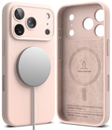 iPhone 18 Pro Max Case | Silicone Magnetic - Two views of a light pink phone case with MagSafe compatibility, shown on a clean white background. One view shows the back of the case with a silver MagSafe ring and a white charging cable, and the other shows the front of the case with camera cutouts and 'LIQUID SILICONE' printed on the back.