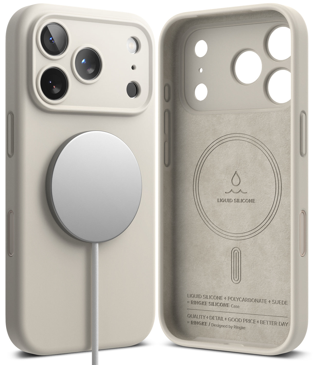 iPhone 18 Pro Max Case | Silicone Magnetic - A light beige phone case shown from the back and side, fitted on a phone with a visible MagSafe ring. The back of the case has a large MagSafe-compatible magnetic ring cutout, and the side shows the phone camera cutouts.