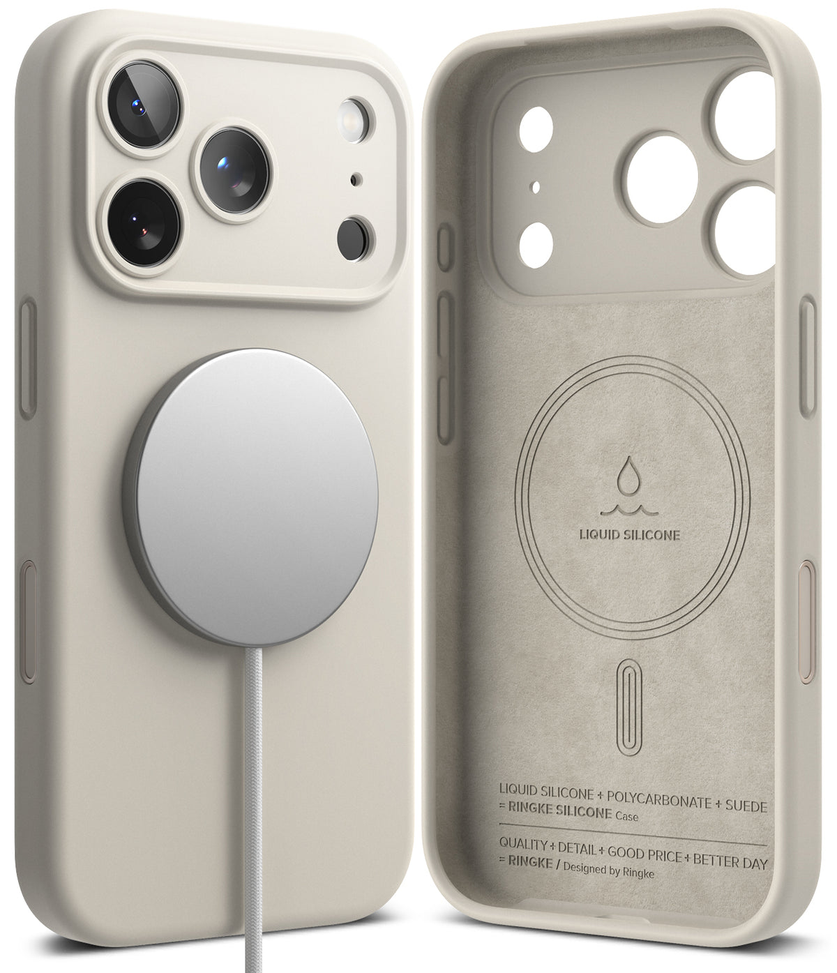 iPhone 18 Pro Max Case | Silicone Magnetic - A light beige phone case shown from the back and side, fitted on a phone with a visible MagSafe ring. The back of the case has a large MagSafe-compatible magnetic ring cutout, and the side shows the phone camera cutouts.